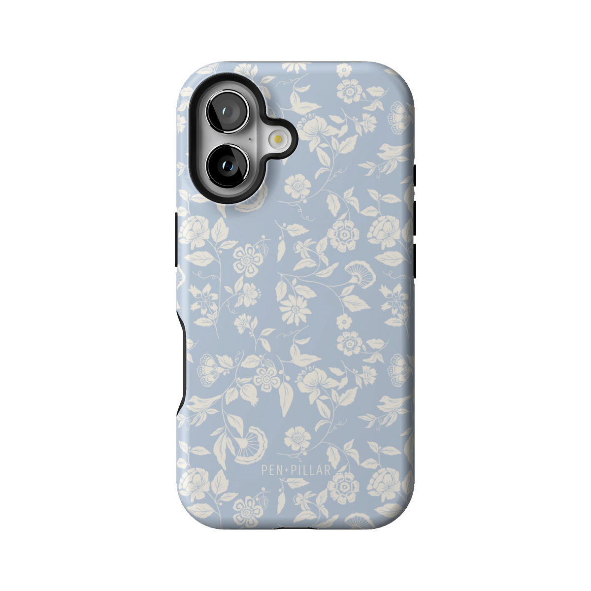 Spritz case on iPhone 16, back view: white florals on soft blue
