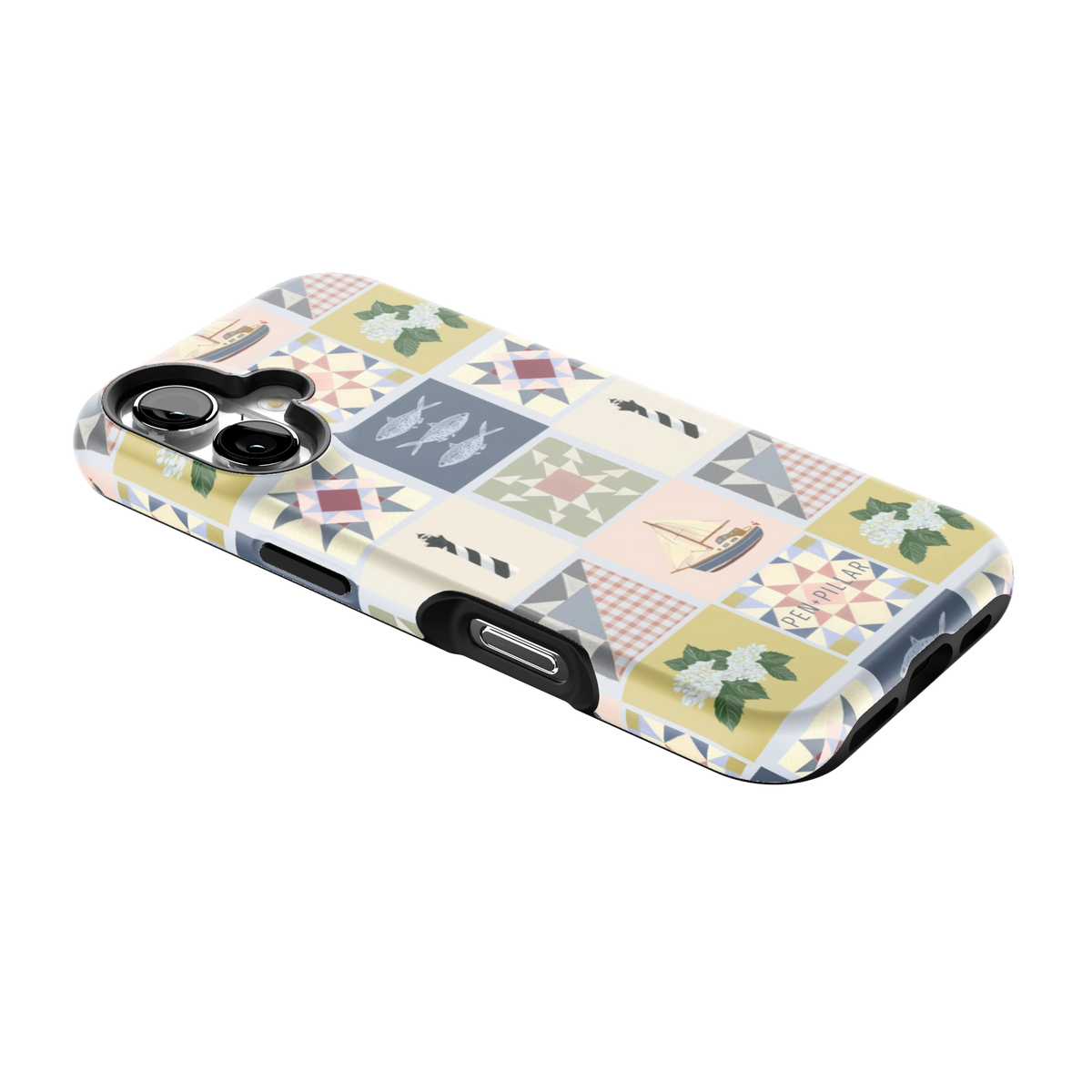 Coastal Quilt iPhone 16 case lying at an angle, showing the side buttons and print wrapping the edges