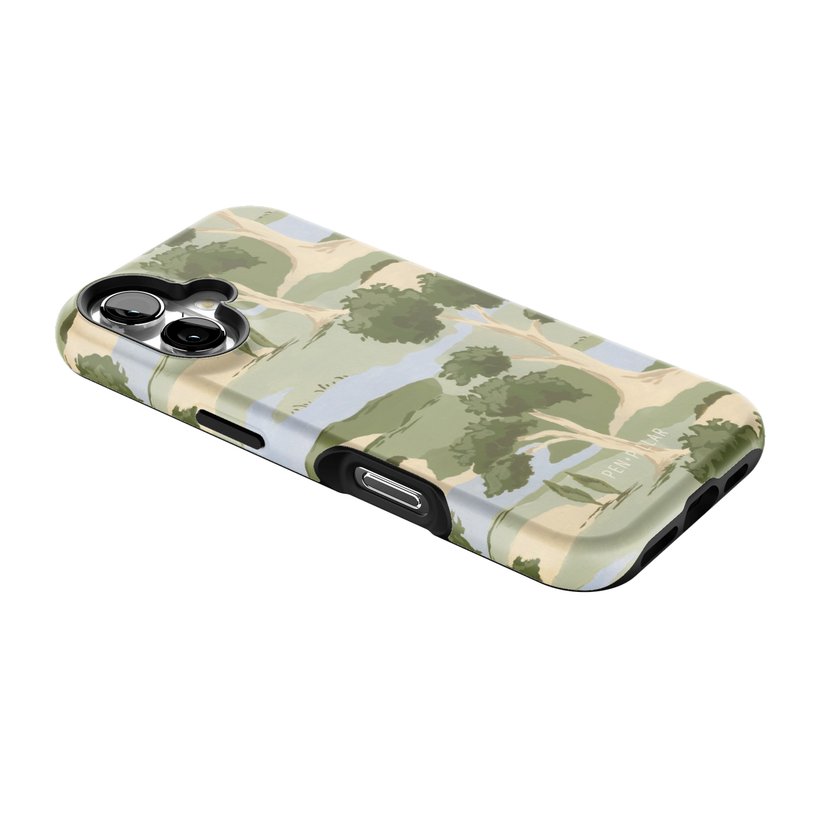 Orchard iPhone 16 case lying at an angle, showing the side buttons and print wrapping the edges