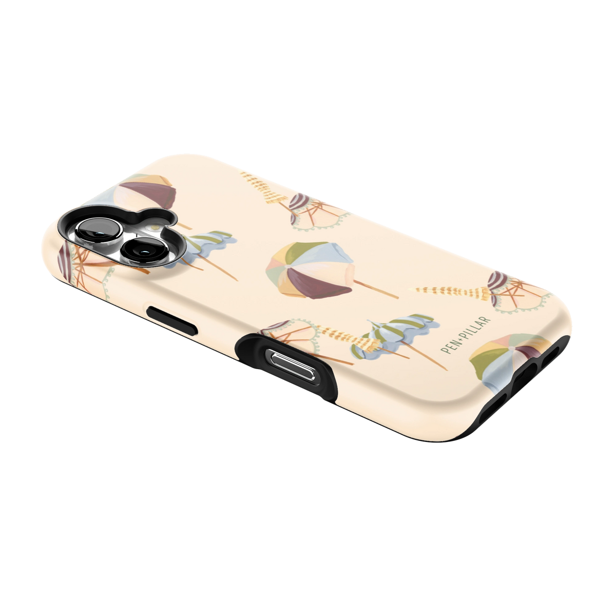 Umbrellas iPhone 16 case lying at an angle, showing the side buttons and print wrapping the edges