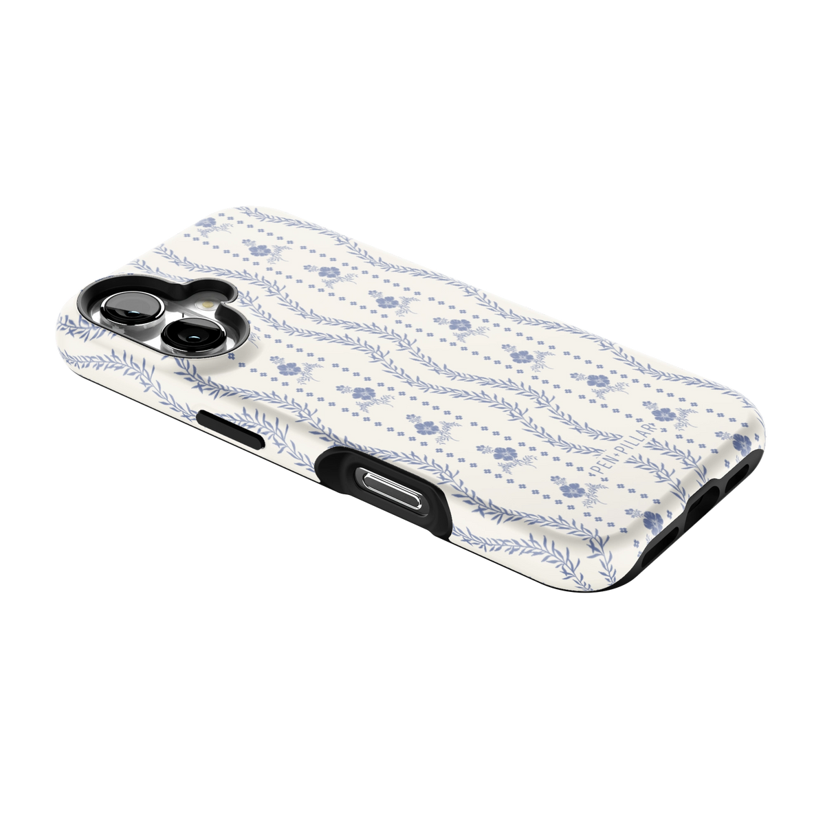 Riviera iPhone 16 case lying at an angle, showing the side buttons and print wrapping the edges