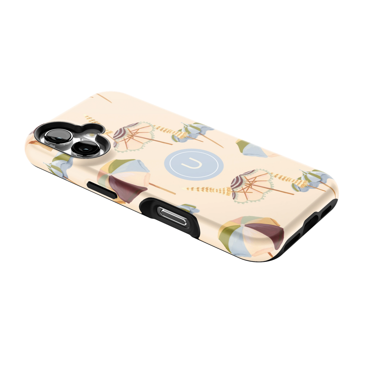 Umbrellas Personalized iPhone 16 case lying at an angle, showing the side buttons and print wrapping the edges