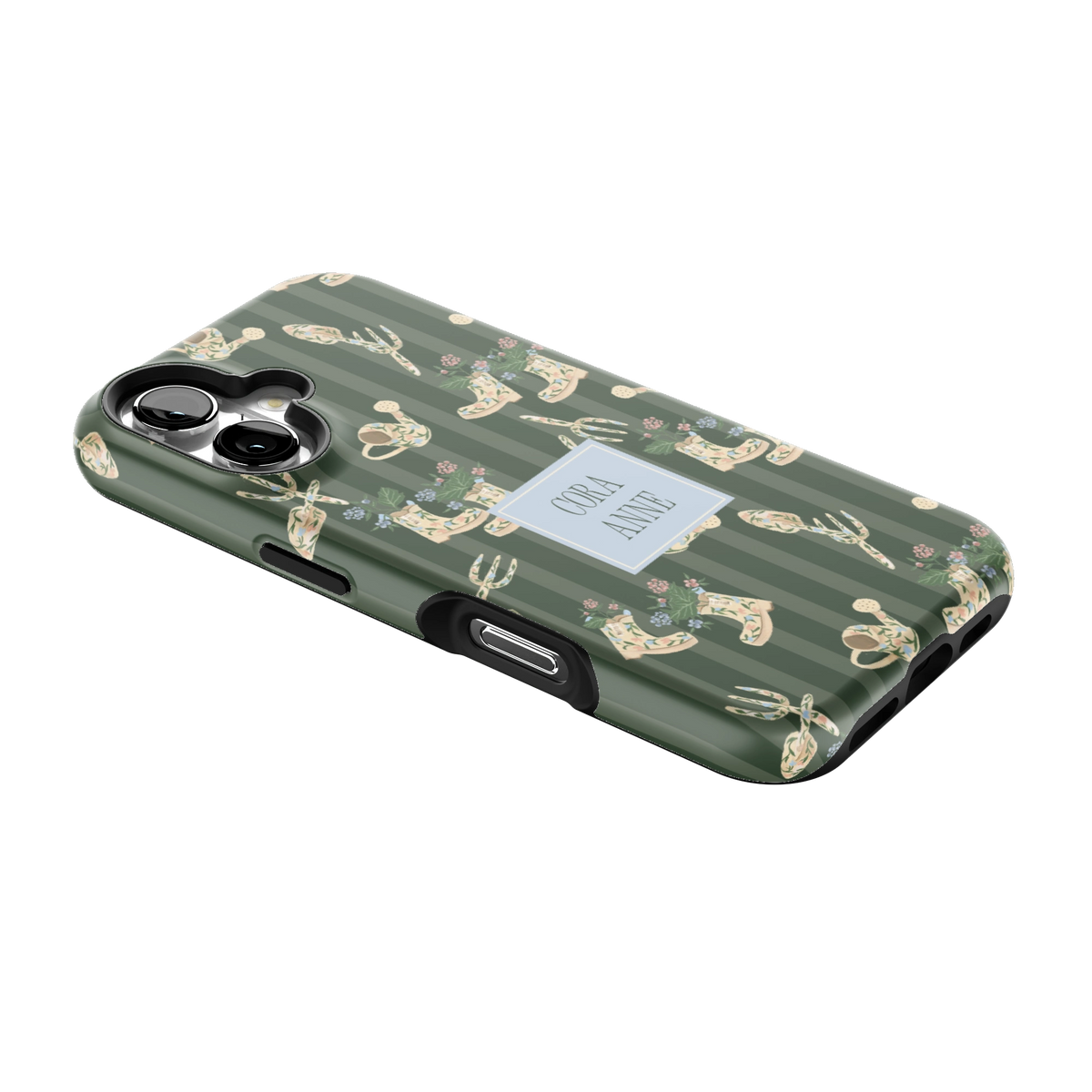 In the Garden Personalized iPhone 16 case lying at an angle, showing the side buttons and print wrapping the edges