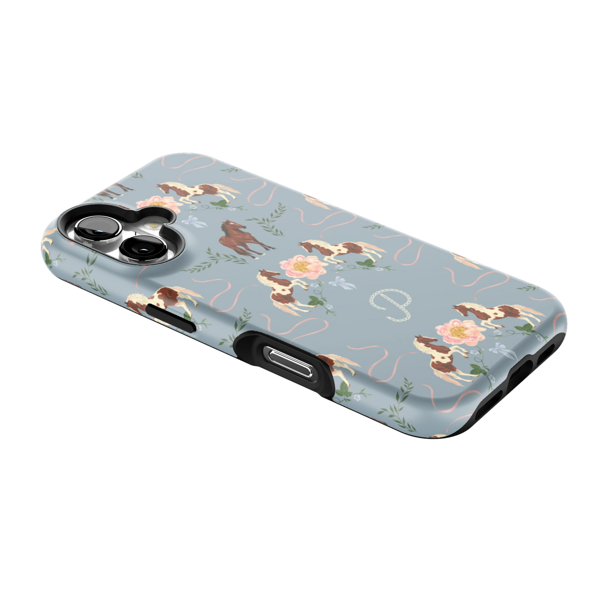Prairie Personalized iPhone 16 case lying at an angle, showing the side buttons and print wrapping the edges