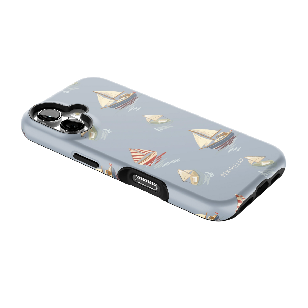 Harbor iPhone 16 case lying at an angle, showing the side buttons and print wrapping the edges