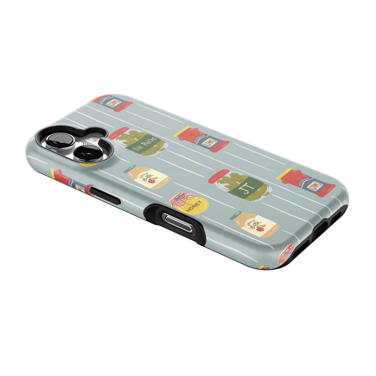 Preserves Personalized iPhone 16 case lying at an angle, showing the side buttons and print wrapping the edges