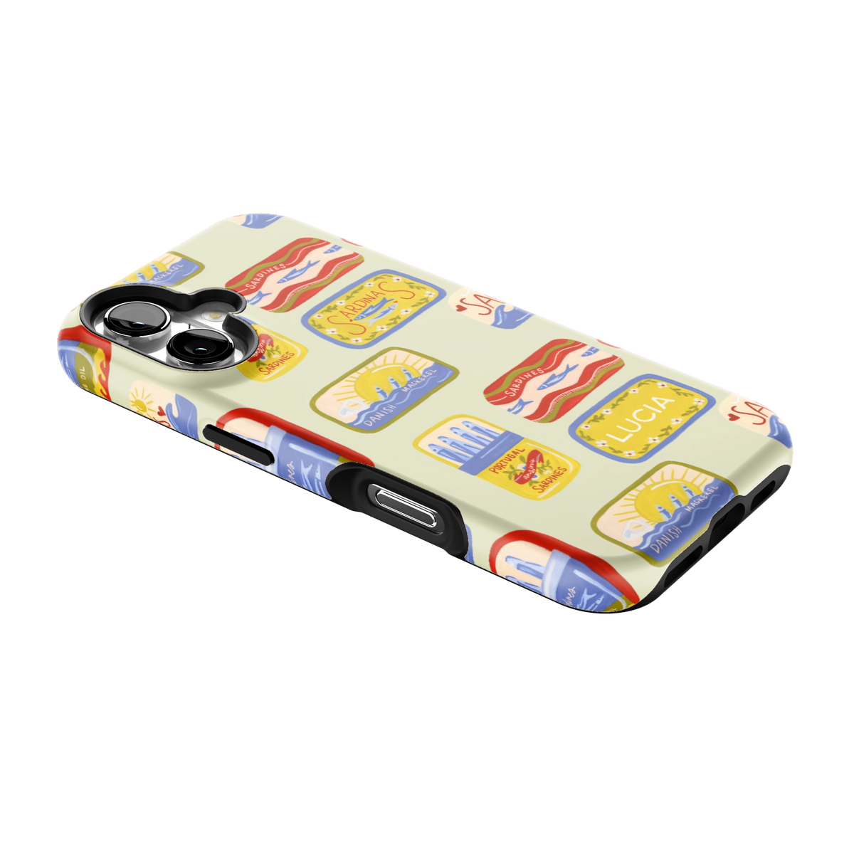Sardines Personalized iPhone 16 case lying at an angle, showing the side buttons and print wrapping the edges