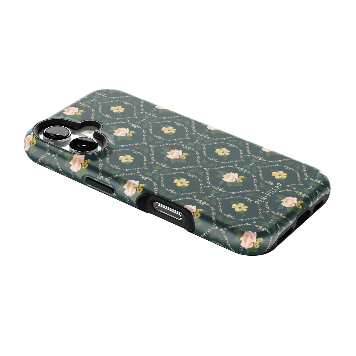 Meadow iPhone 16 case lying at an angle, showing the side buttons and print wrapping the edges