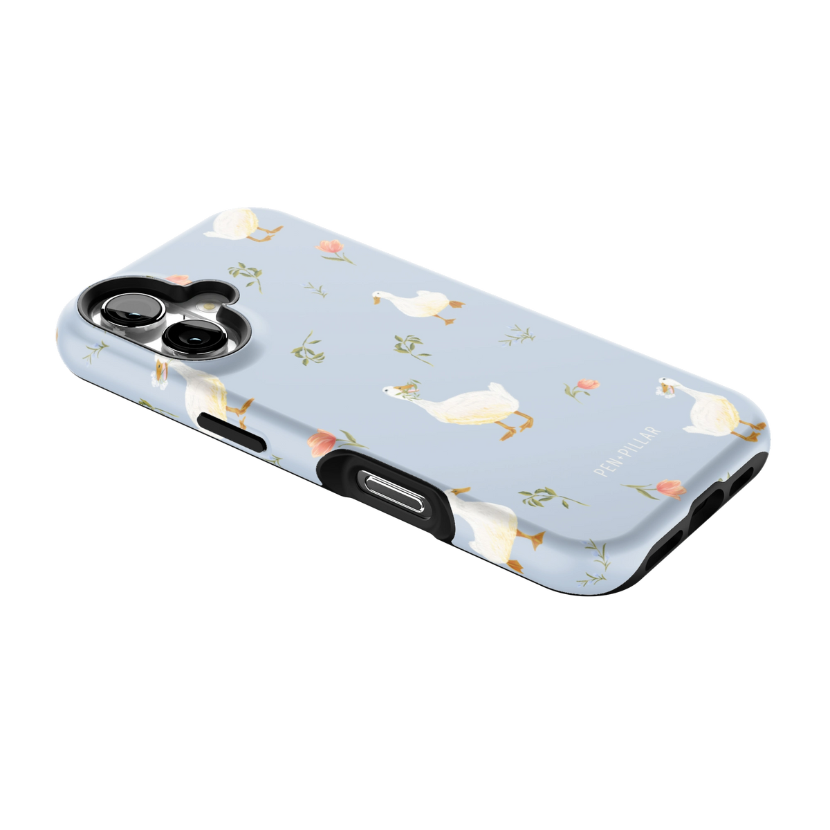 Ducks iPhone 16 case lying at an angle, showing the side buttons and print wrapping the edges