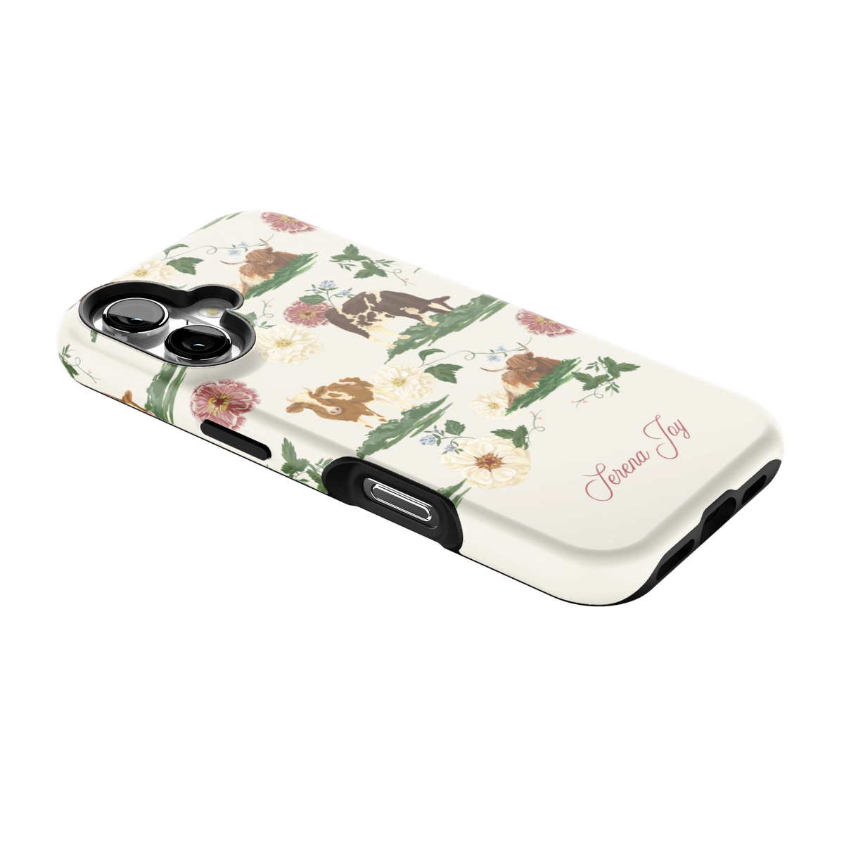 Pasture Personalized iPhone 16 case lying at an angle, showing the side buttons and print wrapping the edges