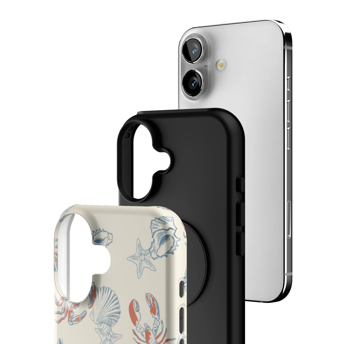 Exploded view of the Mariner Personalized iPhone 16 case: printed shell, black inner layer with MagSafe ring, and phone