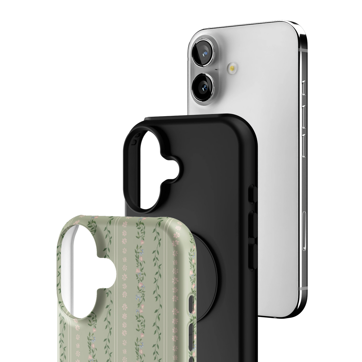 Exploded view of the Camellia iPhone 16 case: printed shell, black inner layer with MagSafe ring, and phone