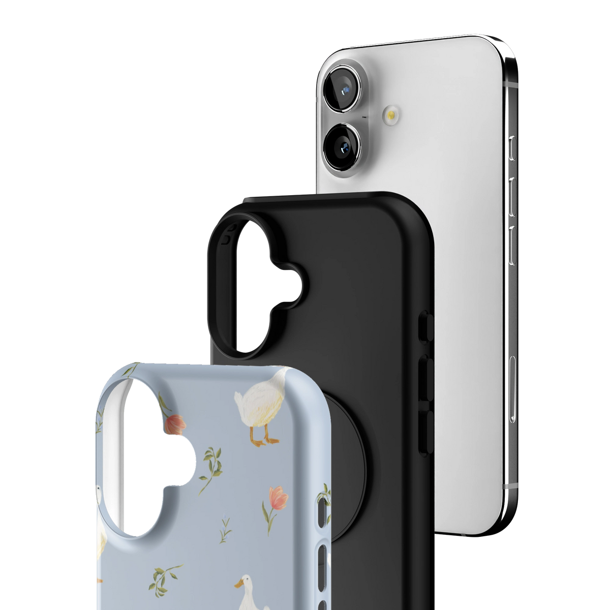 Exploded view of the Ducks iPhone 16 case: printed shell, black inner layer with MagSafe ring, and phone