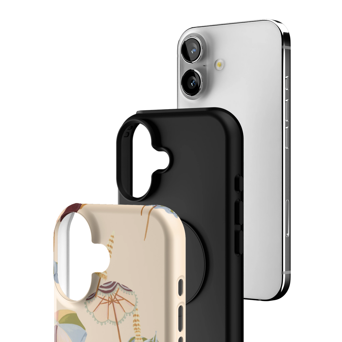 Exploded view of the Umbrellas Personalized iPhone 16 case: printed shell, black inner layer with MagSafe ring, and phone