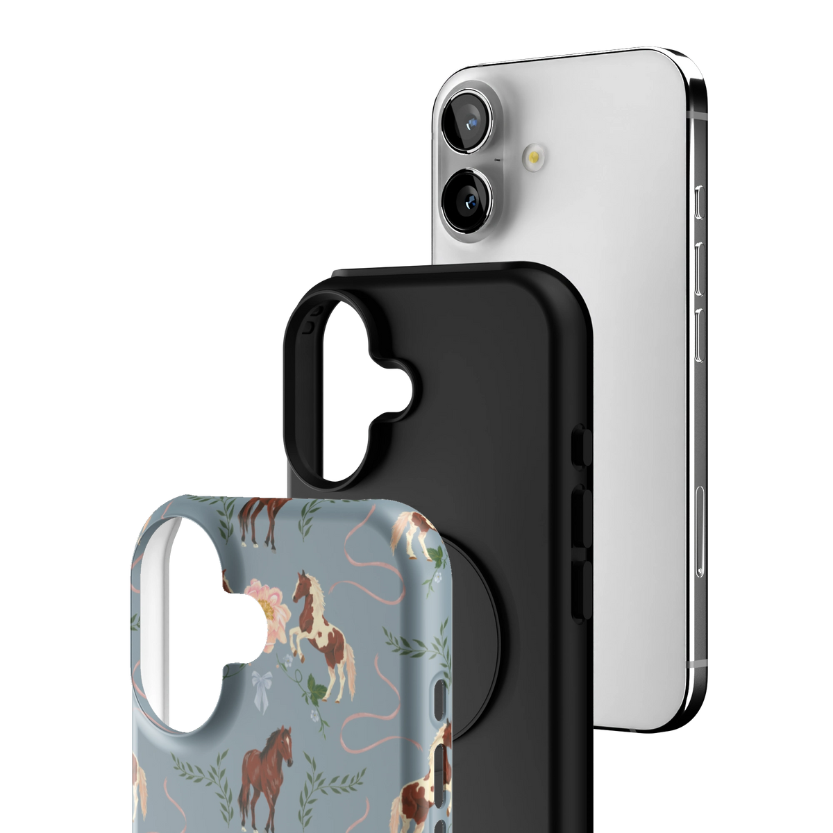 Exploded view of the Prairie Personalized iPhone 16 case: printed shell, black inner layer with MagSafe ring, and phone