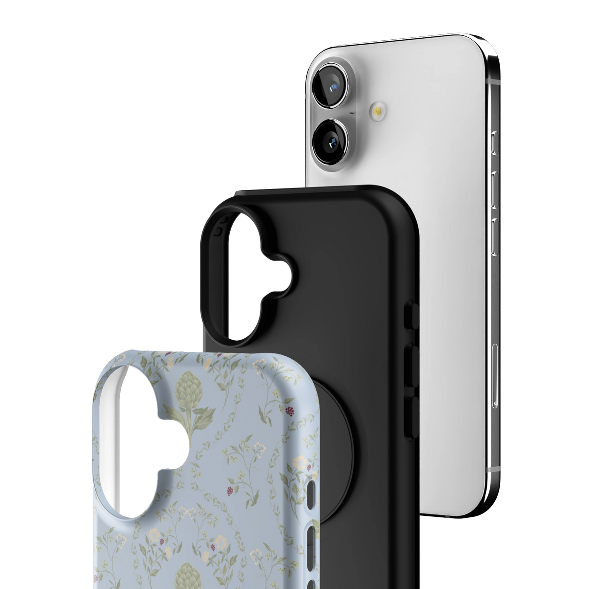 Exploded view of the Artichoke iPhone 16 case: printed shell, black inner layer with MagSafe ring, and phone