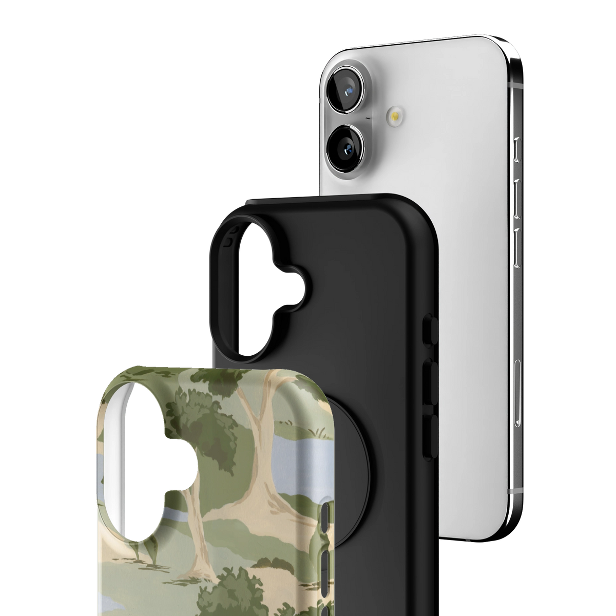 Exploded view of the Orchard iPhone 16 case: printed shell, black inner layer with MagSafe ring, and phone