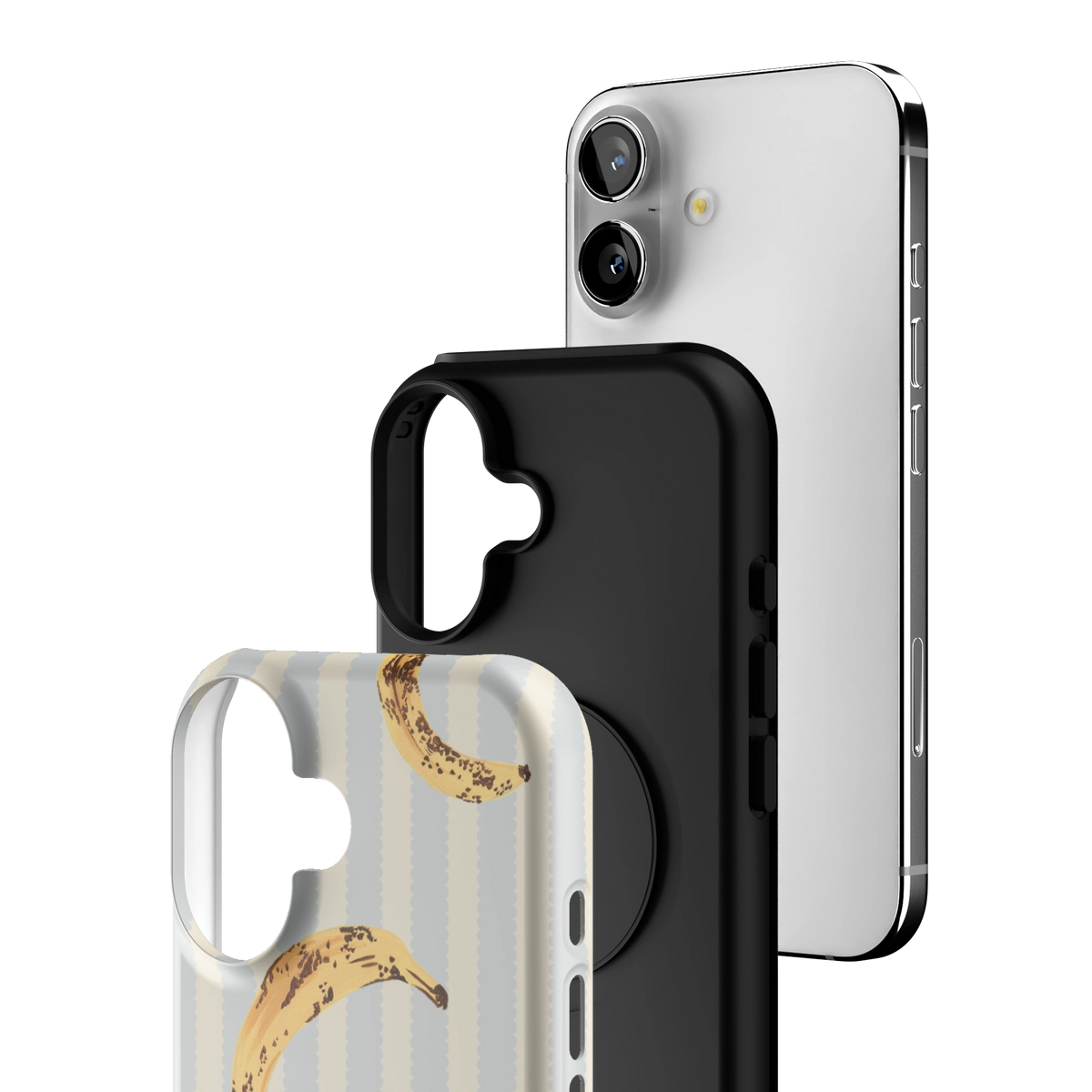 Exploded view of the Striped Bananas Personalized iPhone 16 case: printed shell, black inner layer with MagSafe ring, and phone