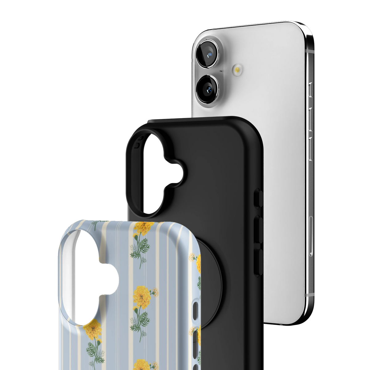 Exploded view of the October Birth Month iPhone 16 case: printed shell, black inner layer with MagSafe ring, and phone