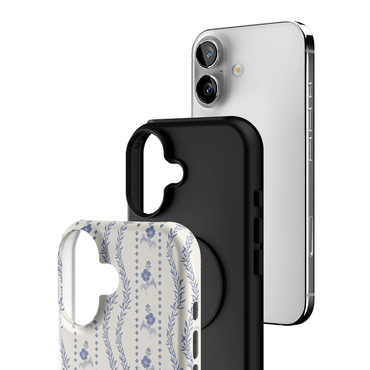 Exploded view of the Riviera iPhone 16 case: printed shell, black inner layer with MagSafe ring, and phone
