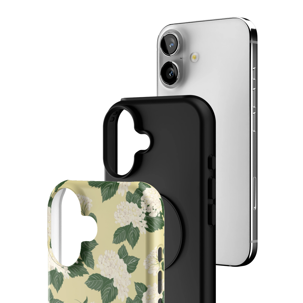 Exploded view of the Hydrangea iPhone 16 case: printed shell, black inner layer with MagSafe ring, and phone
