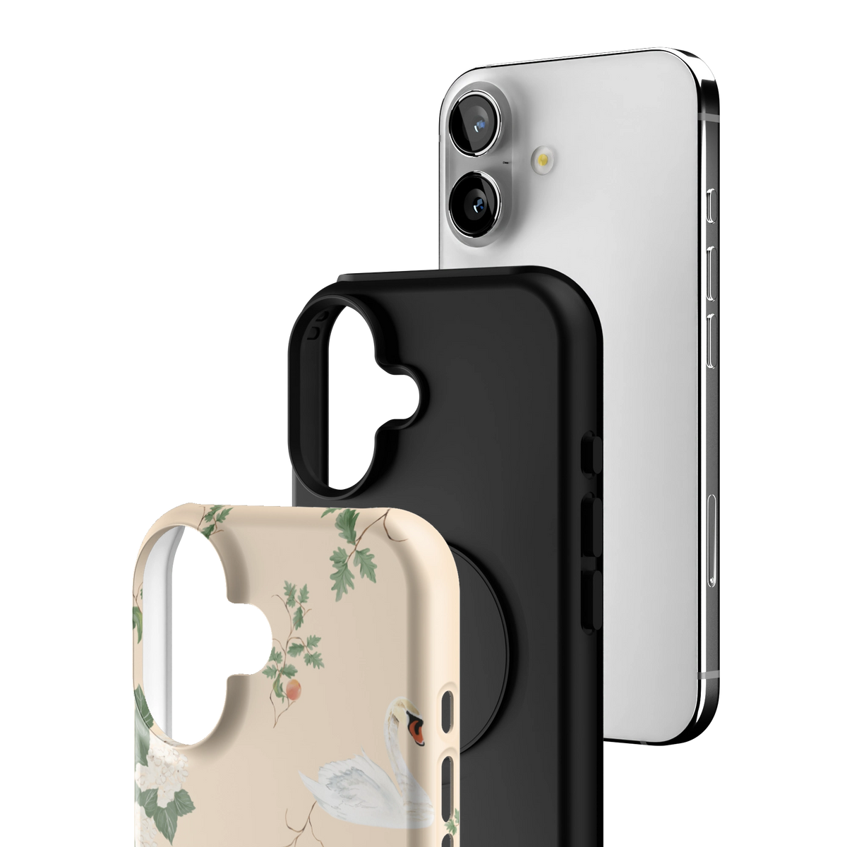 Exploded view of the Swan Hollow iPhone 16 case: printed shell, black inner layer with MagSafe ring, and phone