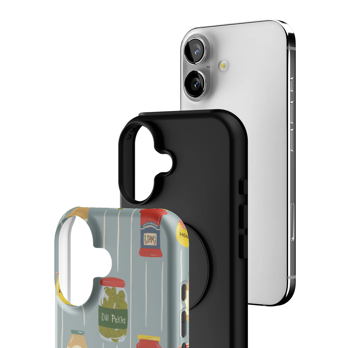 Exploded view of the Preserves Personalized iPhone 16 case: printed shell, black inner layer with MagSafe ring, and phone