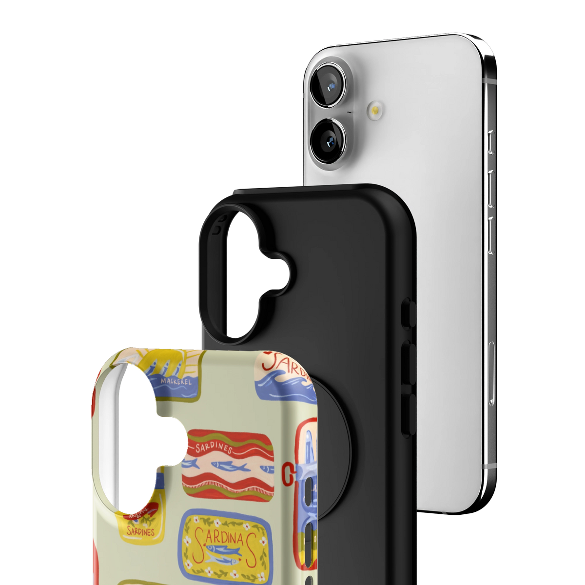 Exploded view of the Sardines Personalized iPhone 16 case: printed shell, black inner layer with MagSafe ring, and phone