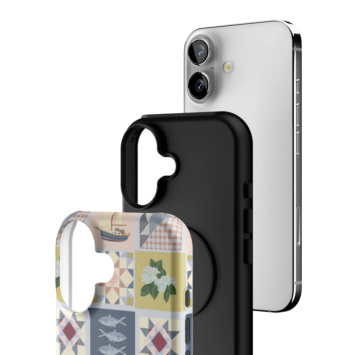 Exploded view of the Coastal Quilt iPhone 16 case: printed shell, black inner layer with MagSafe ring, and phone