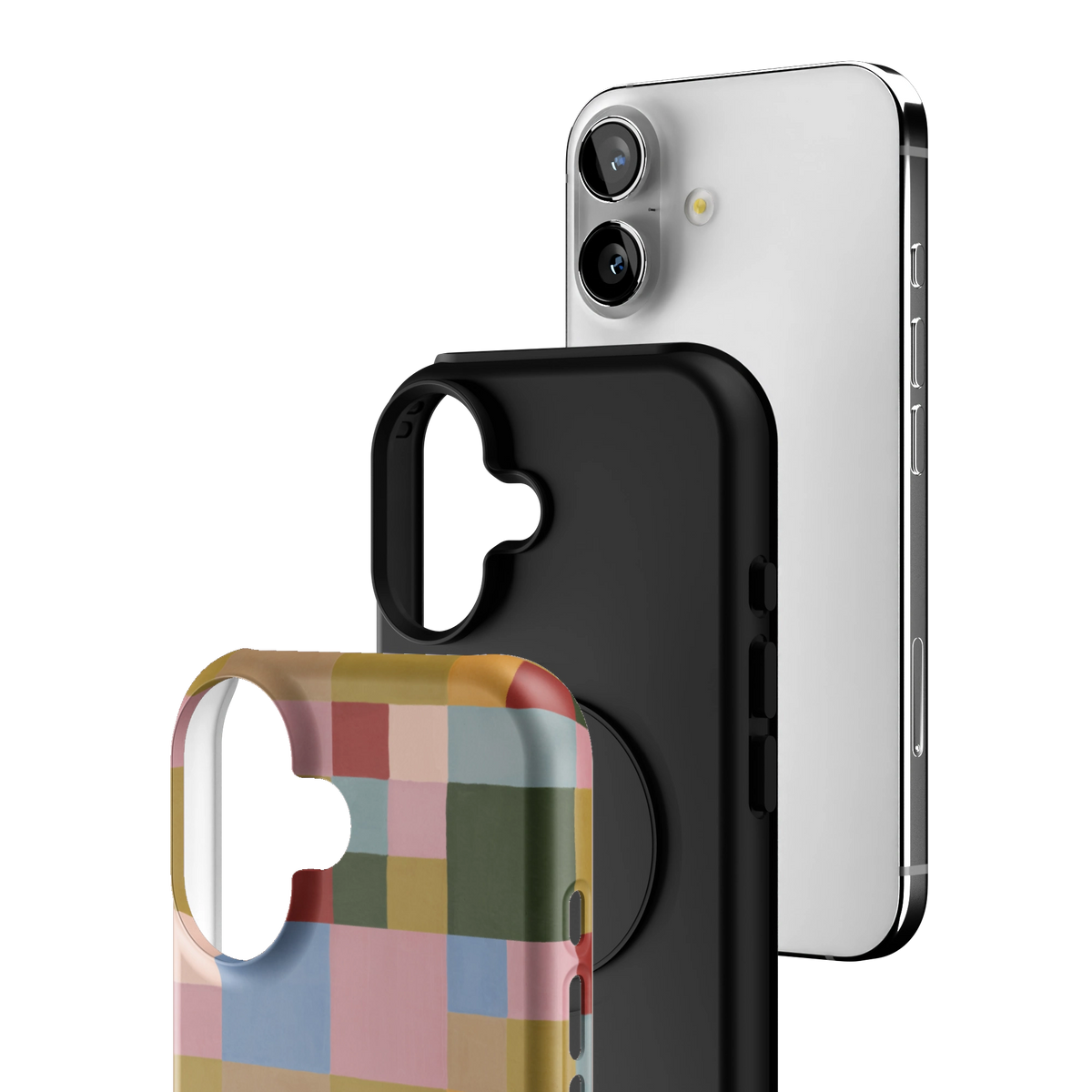 Exploded view of the Colorblock iPhone 16 case: printed shell, black inner layer with MagSafe ring, and phone