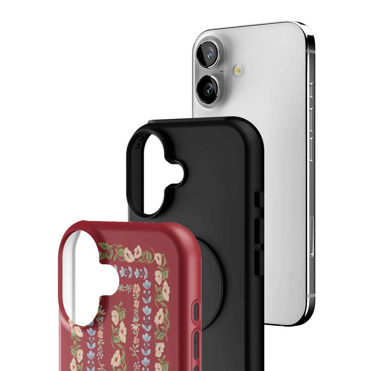 Exploded view of the Fiona iPhone 16 case: printed shell, black inner layer with MagSafe ring, and phone