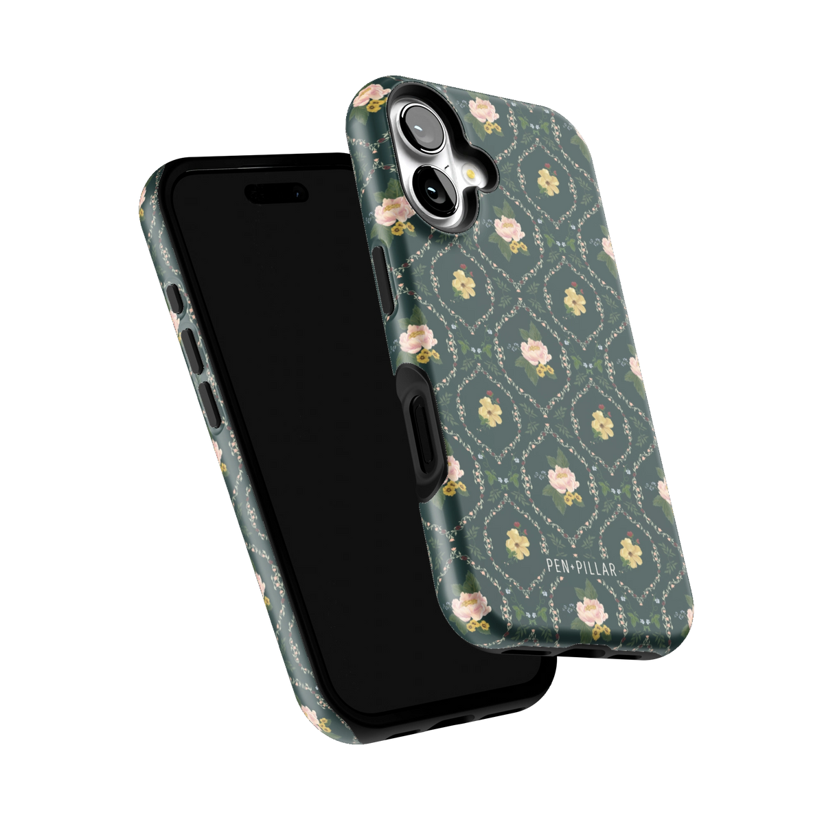 Meadow iPhone 16 case tilted to show the raised edges around the screen and camera