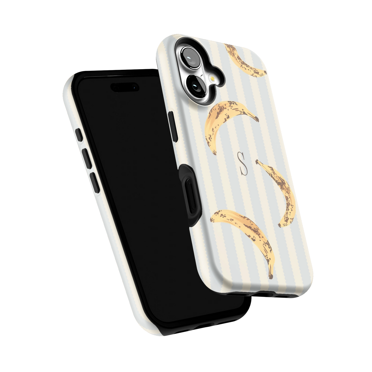 Striped Bananas Personalized iPhone 16 case tilted to show the raised edges around the screen and camera
