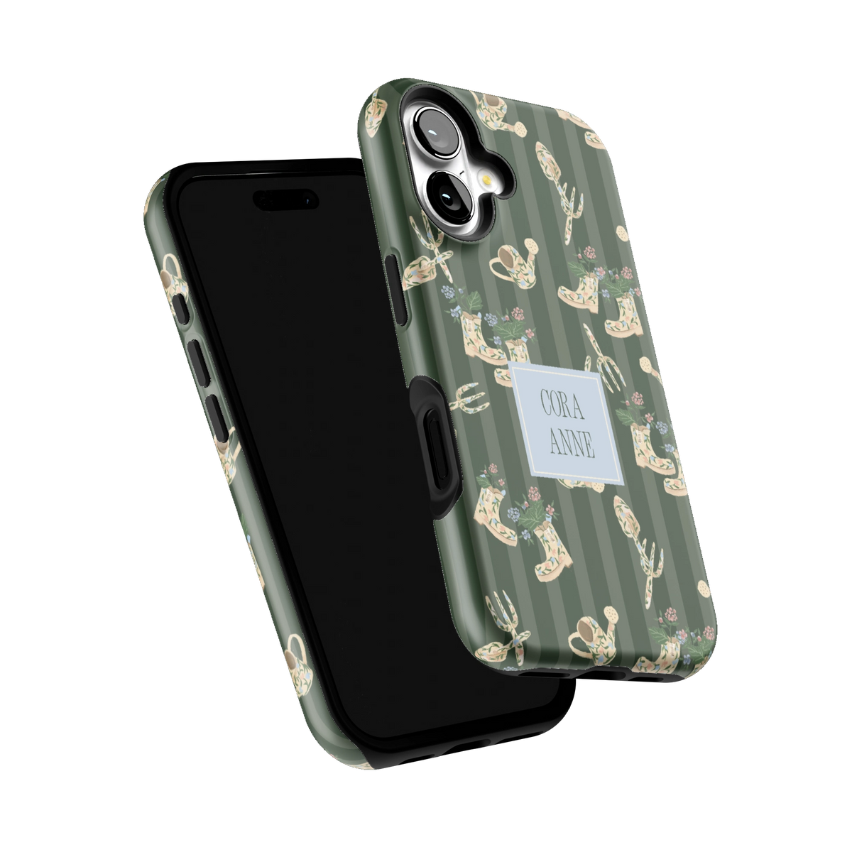 In the Garden Personalized iPhone 16 case tilted to show the raised edges around the screen and camera