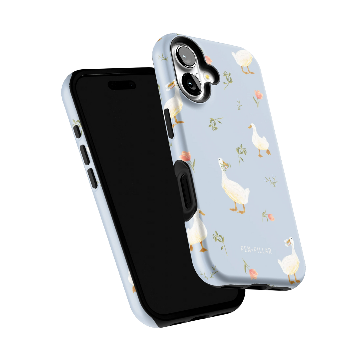 Ducks iPhone 16 case tilted to show the raised edges around the screen and camera