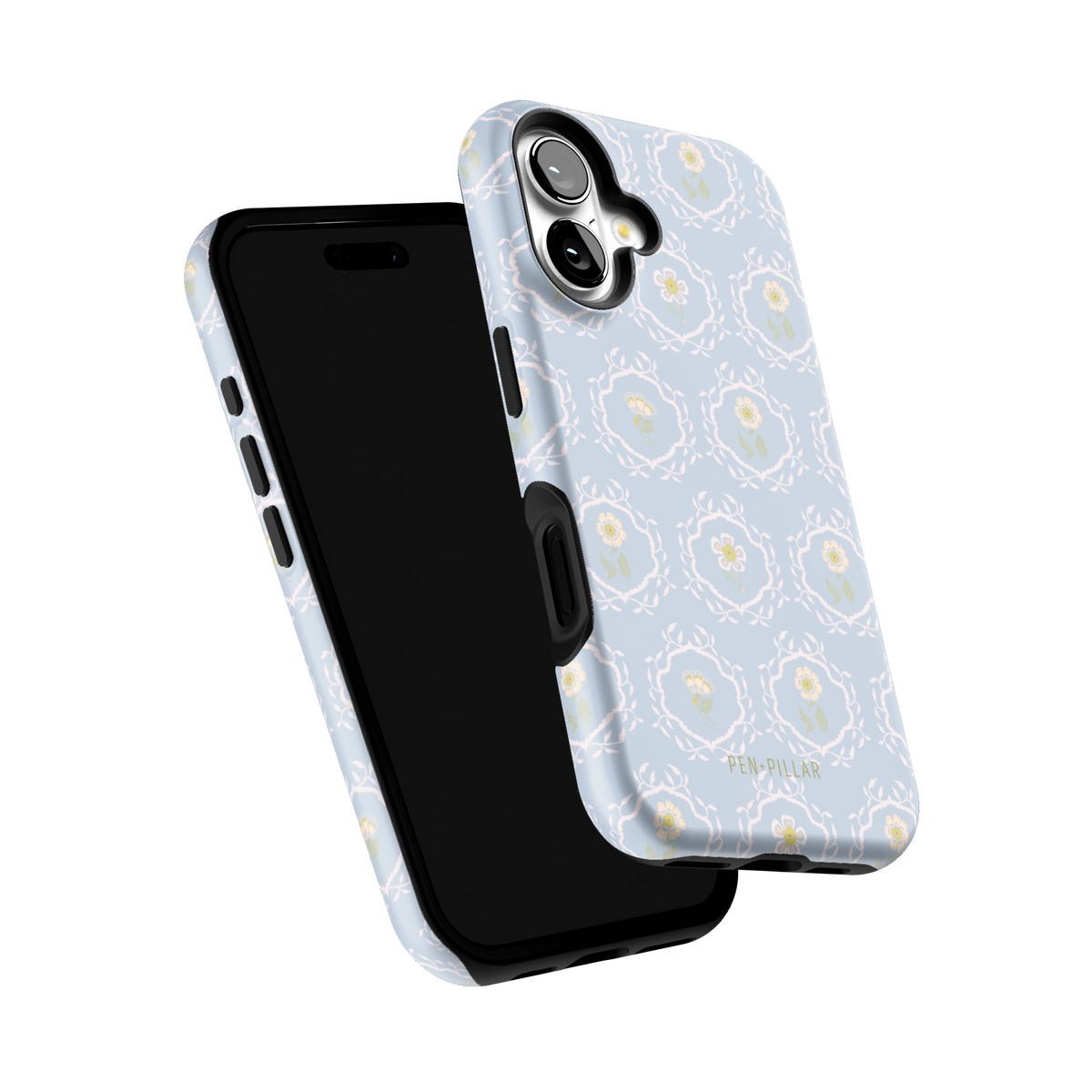 Merrigold iPhone 16 case tilted to show the raised edges around the screen and camera