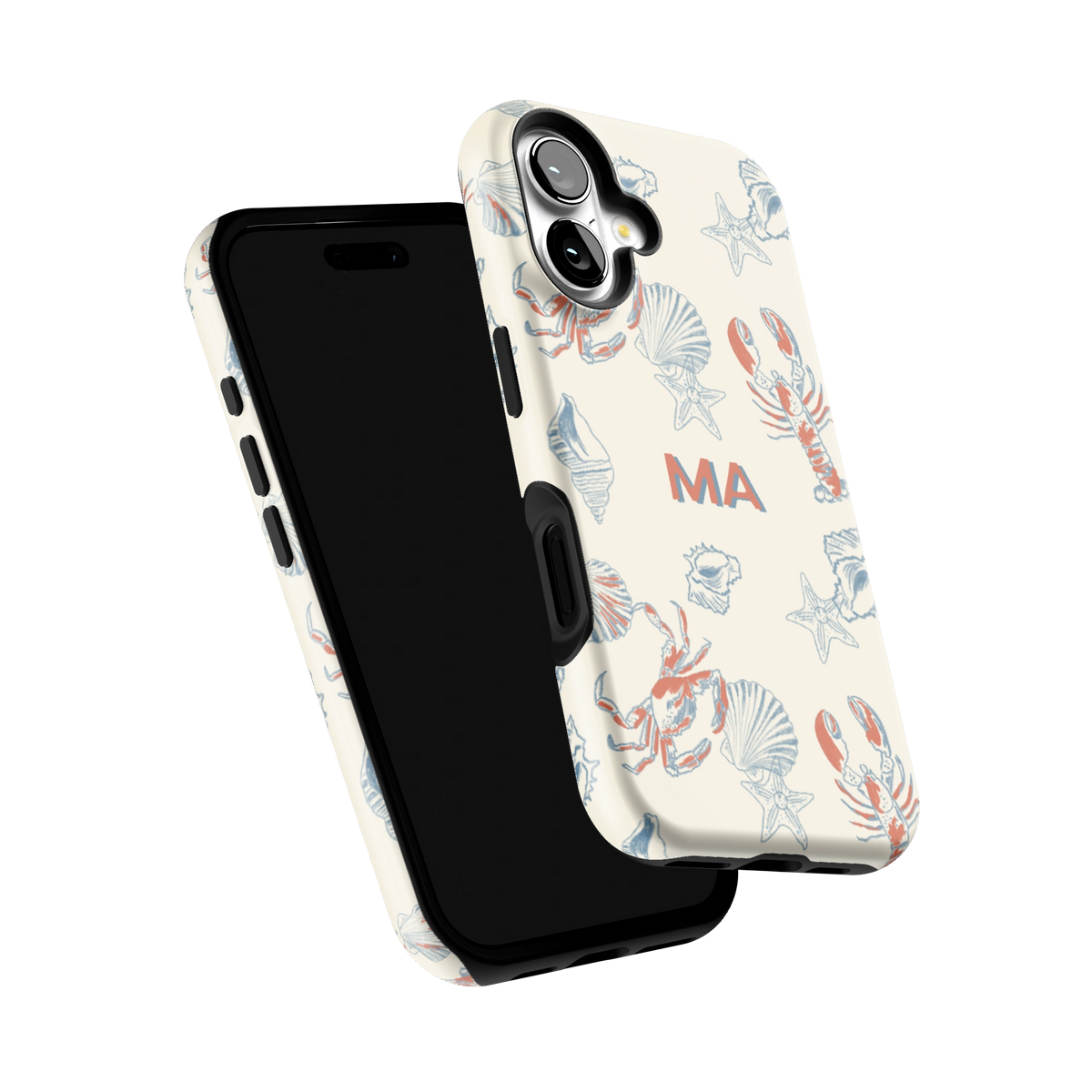 Mariner Personalized iPhone 16 case tilted to show the raised edges around the screen and camera