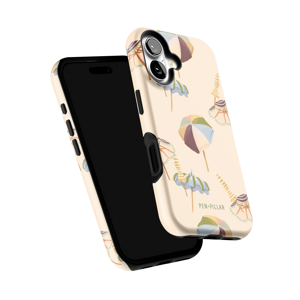 Umbrellas iPhone 16 case tilted to show the raised edges around the screen and camera