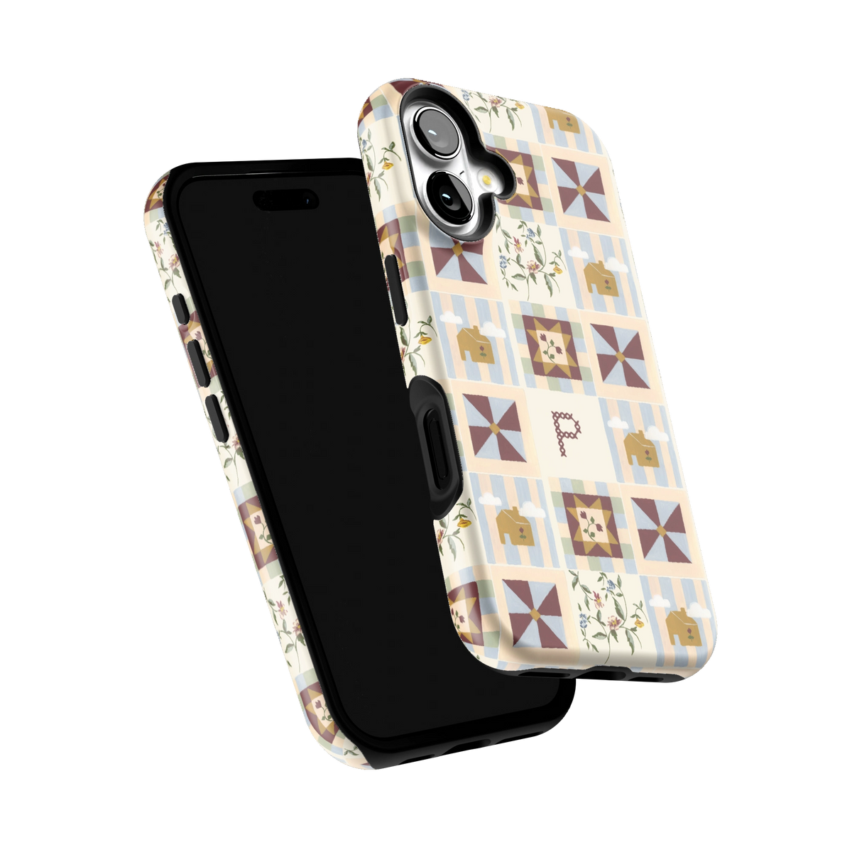 Pinwheel Personalized iPhone 16 case tilted to show the raised edges around the screen and camera