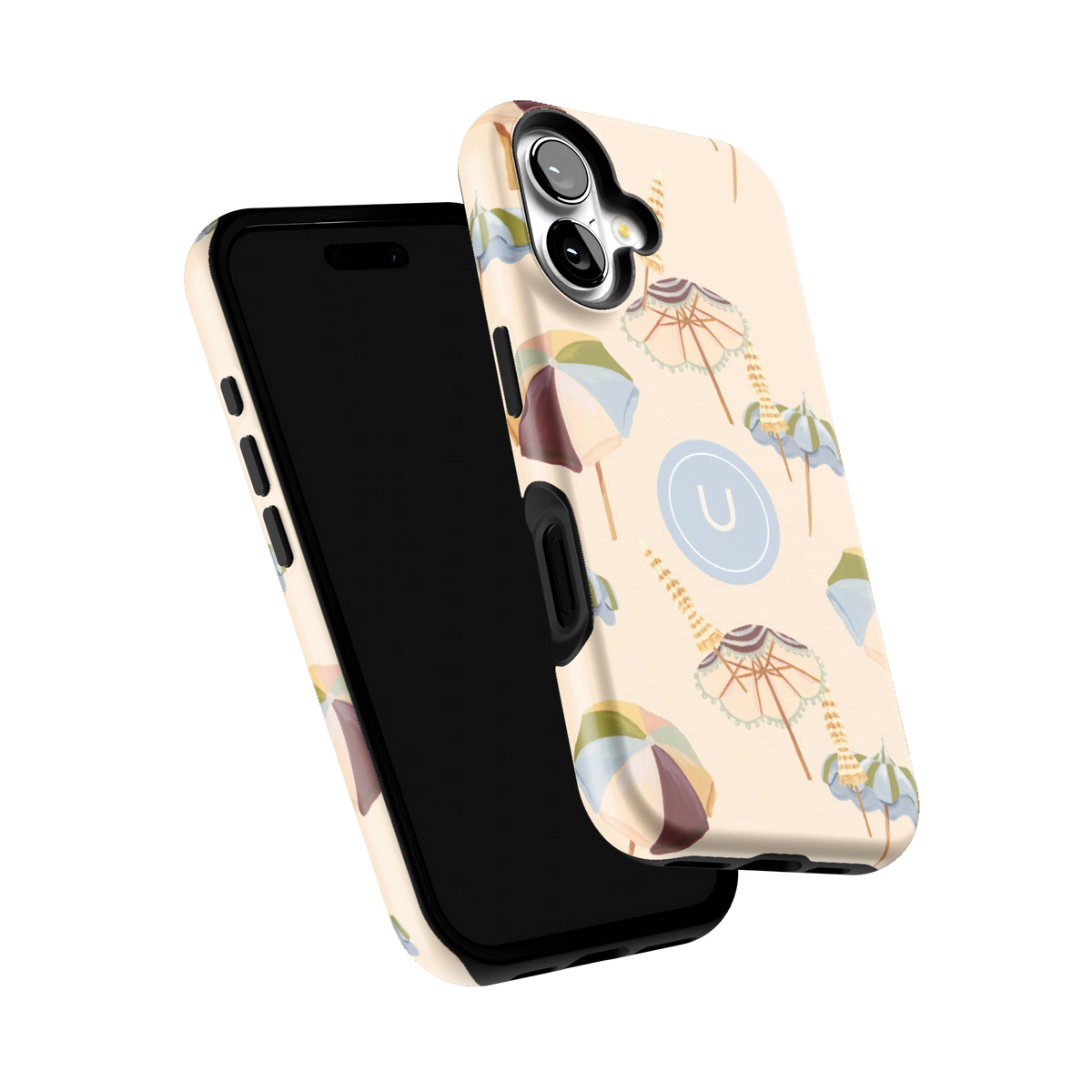 Umbrellas Personalized iPhone 16 case tilted to show the raised edges around the screen and camera