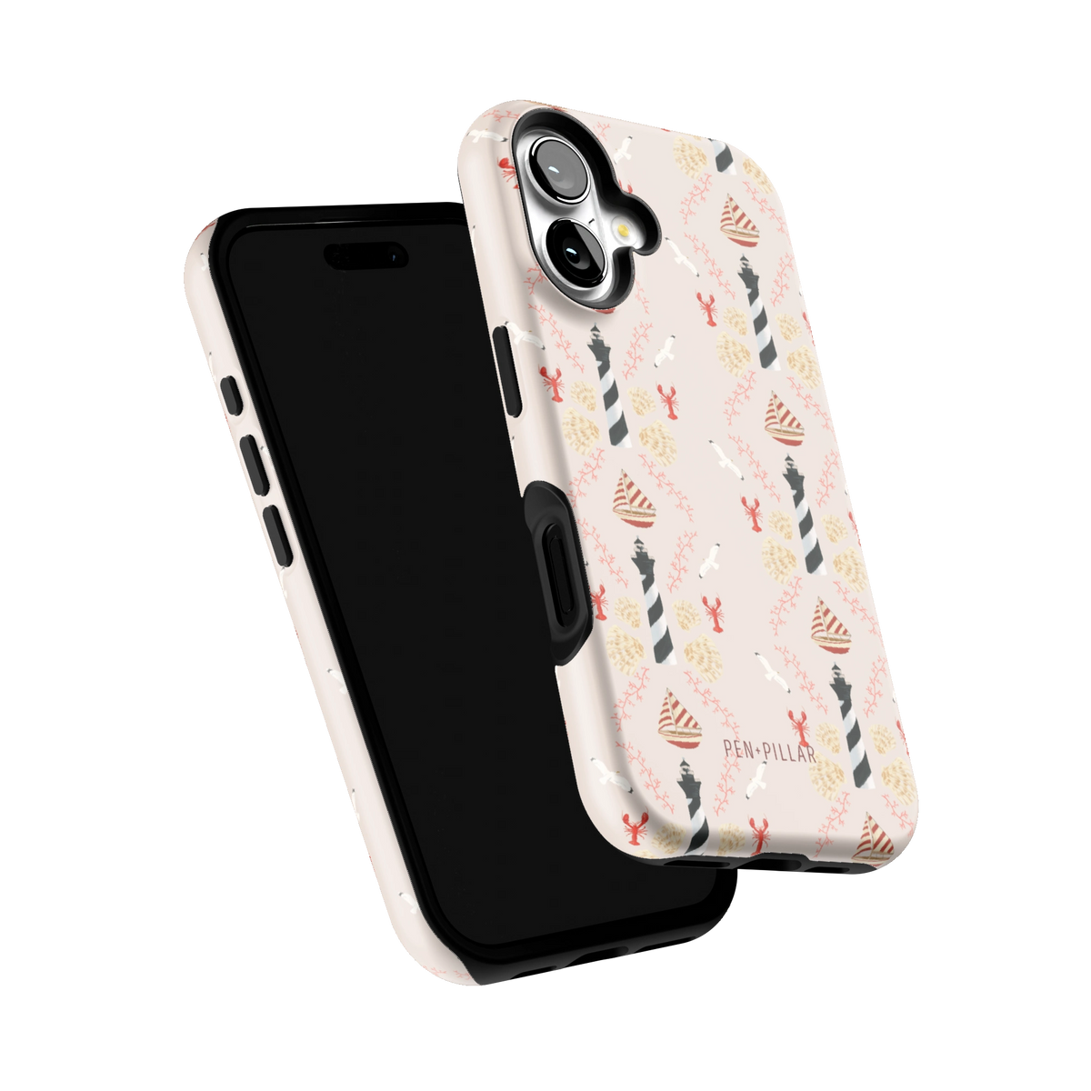 Lighthouse iPhone 16 case tilted to show the raised edges around the screen and camera
