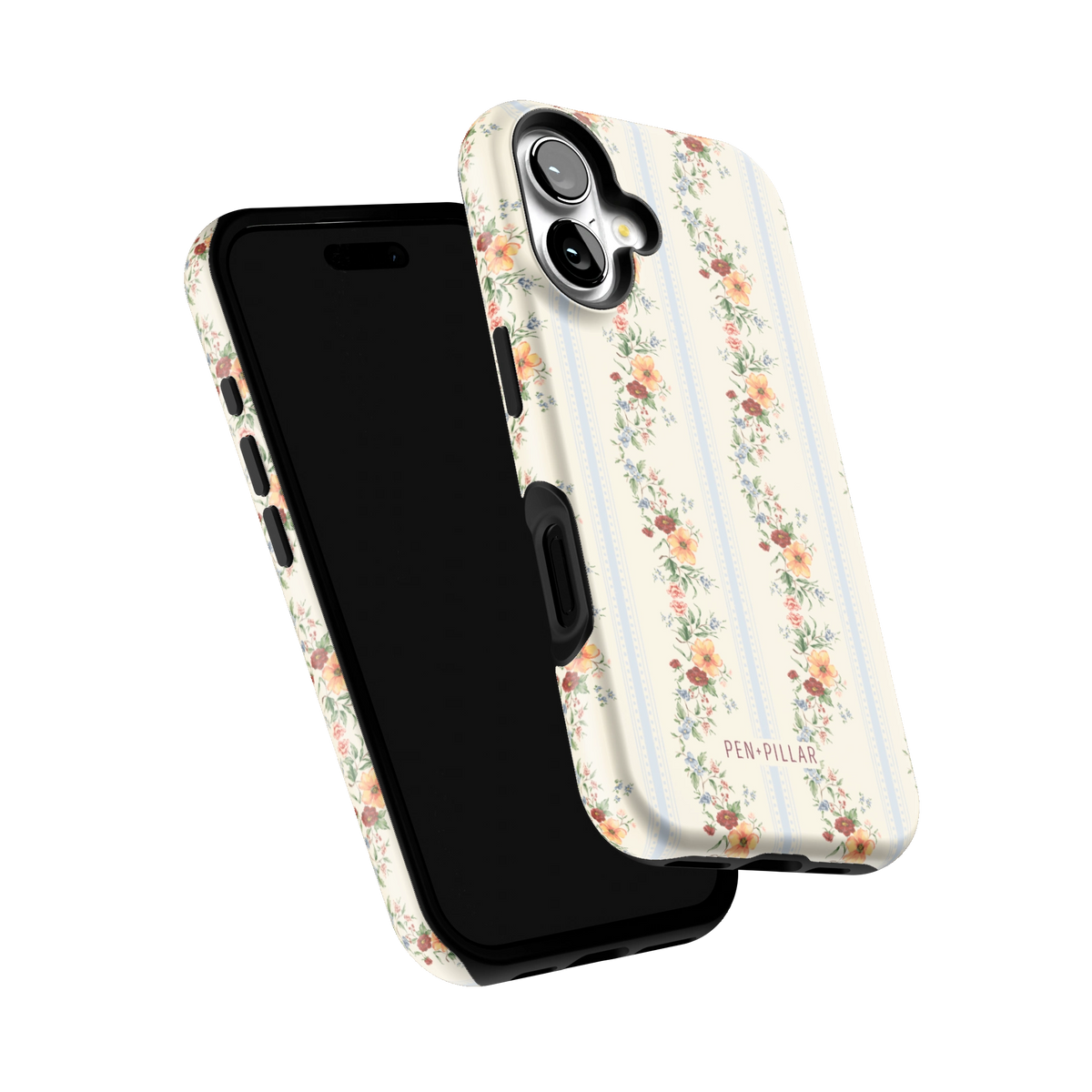 Wallflower iPhone 16 case tilted to show the raised edges around the screen and camera