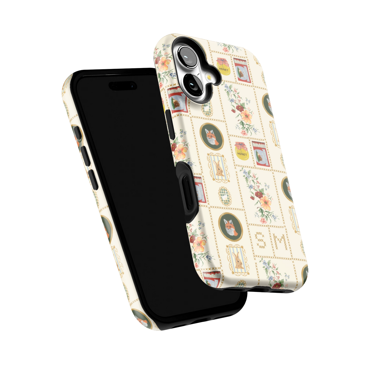Sampler Personalized iPhone 16 case tilted to show the raised edges around the screen and camera