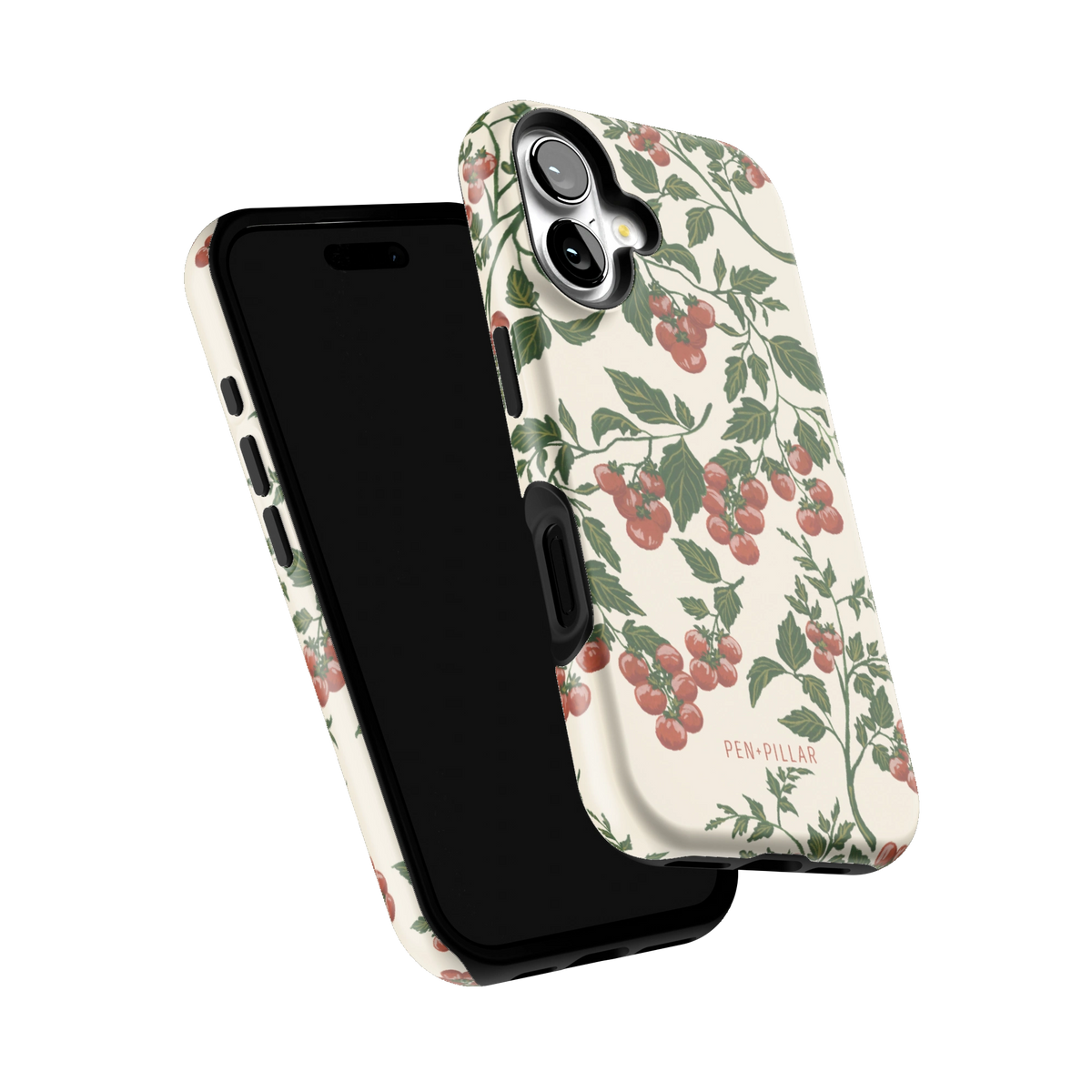 Tomato Vines iPhone 16 case tilted to show the raised edges around the screen and camera