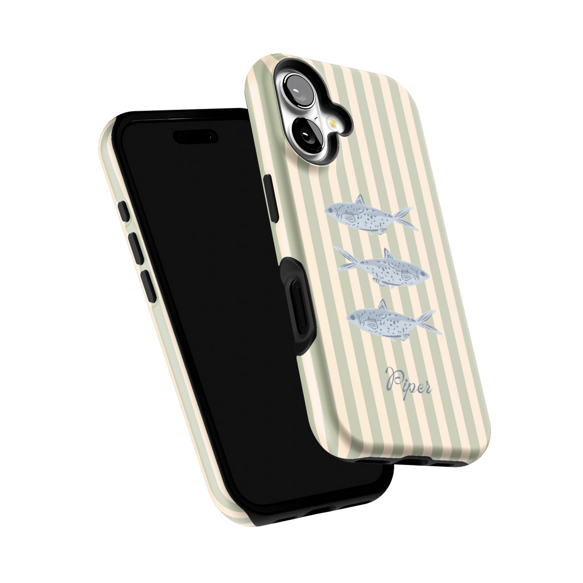 Sea Stripes Personalized iPhone 16 case tilted to show the raised edges around the screen and camera