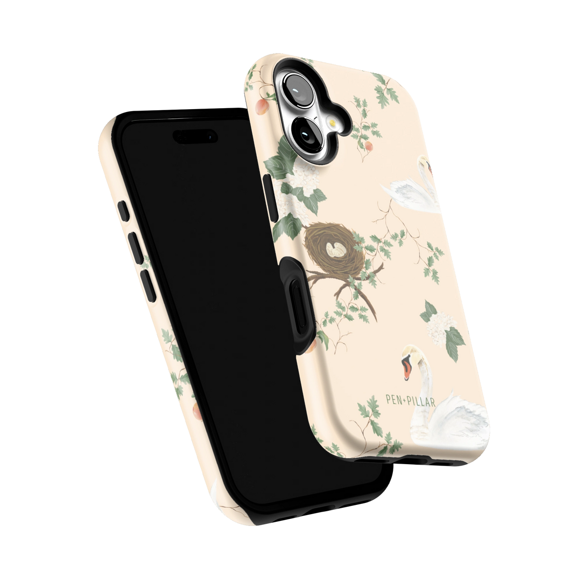 Swan Hollow iPhone 16 case tilted to show the raised edges around the screen and camera