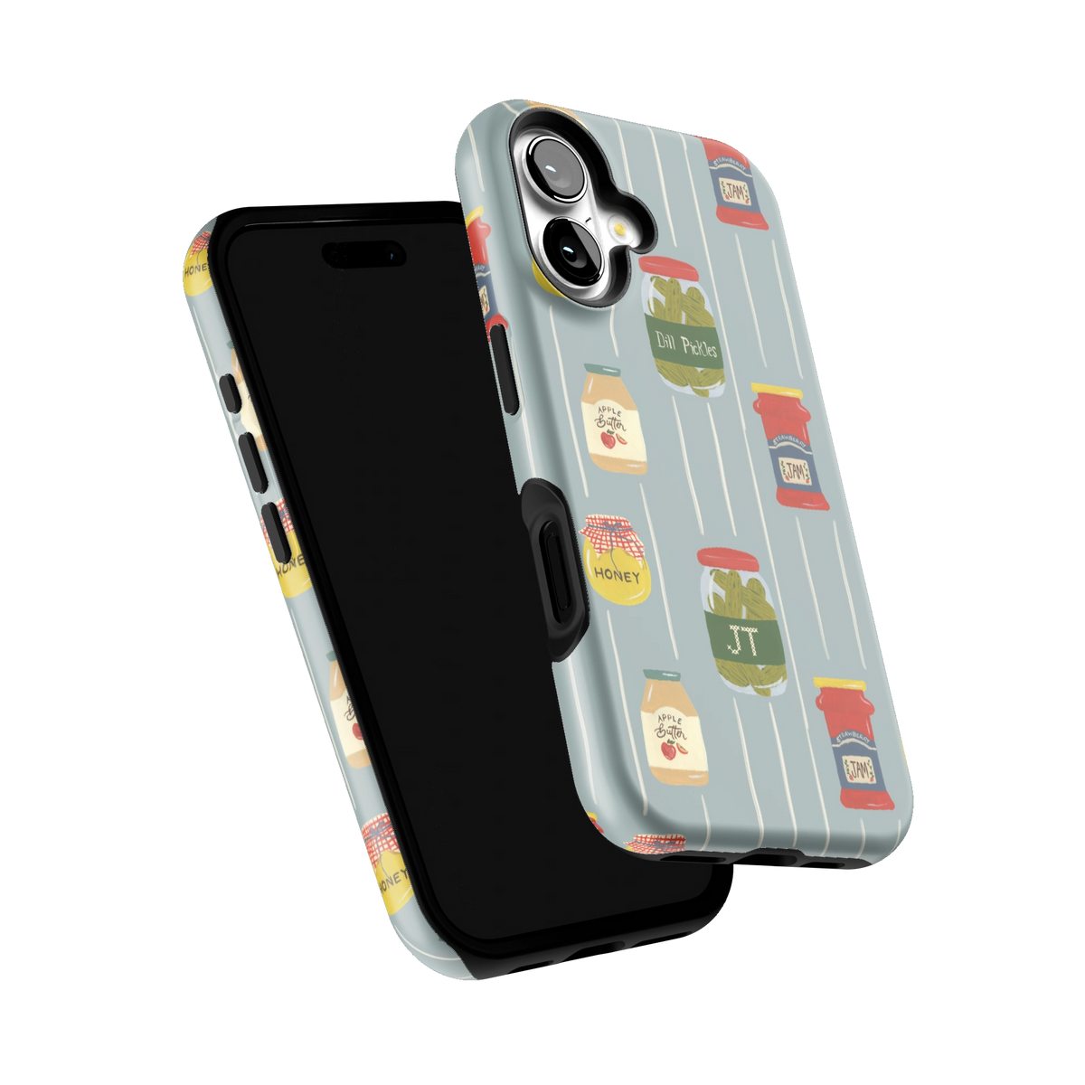 Preserves Personalized iPhone 16 case tilted to show the raised edges around the screen and camera