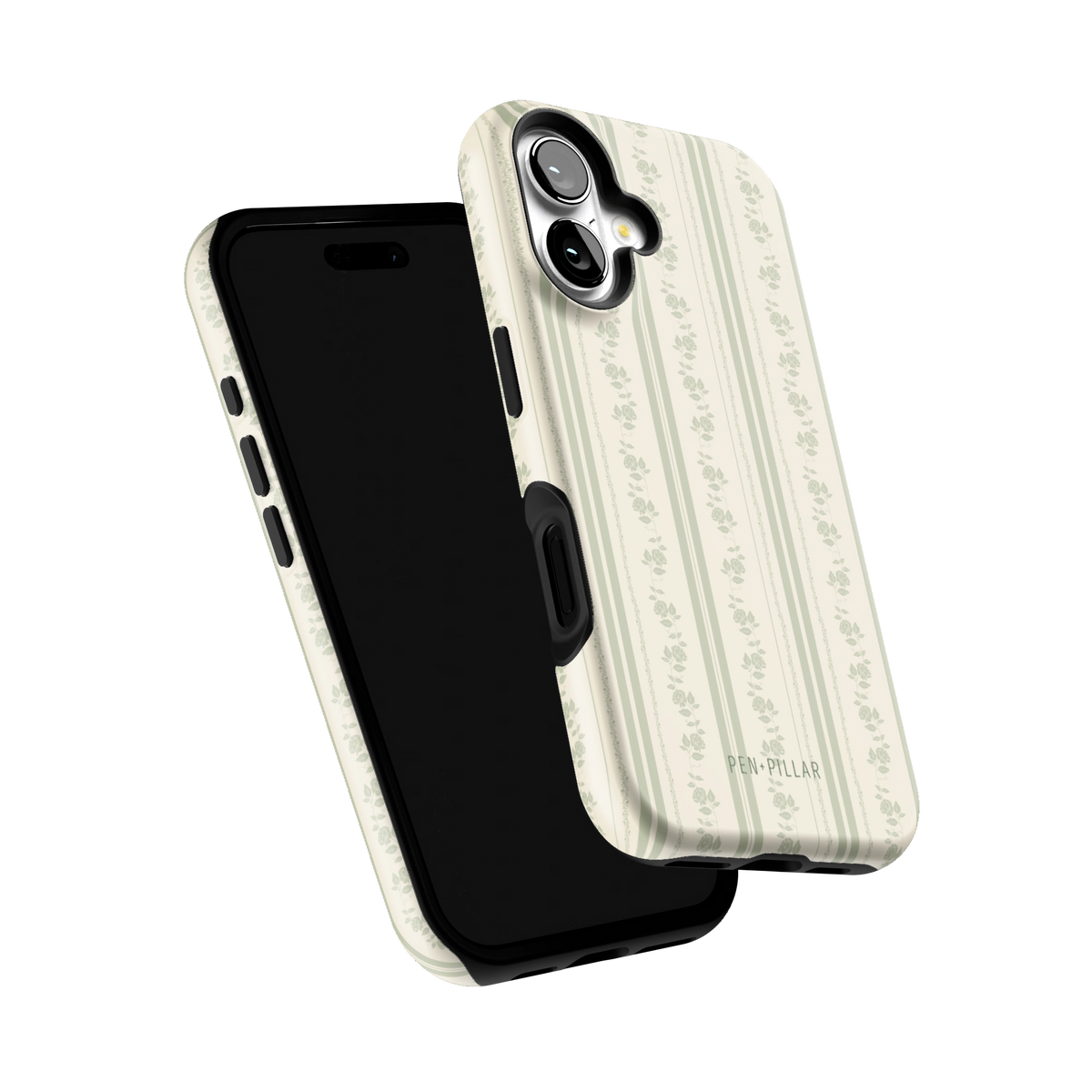 Roselle iPhone 16 case tilted to show the raised edges around the screen and camera