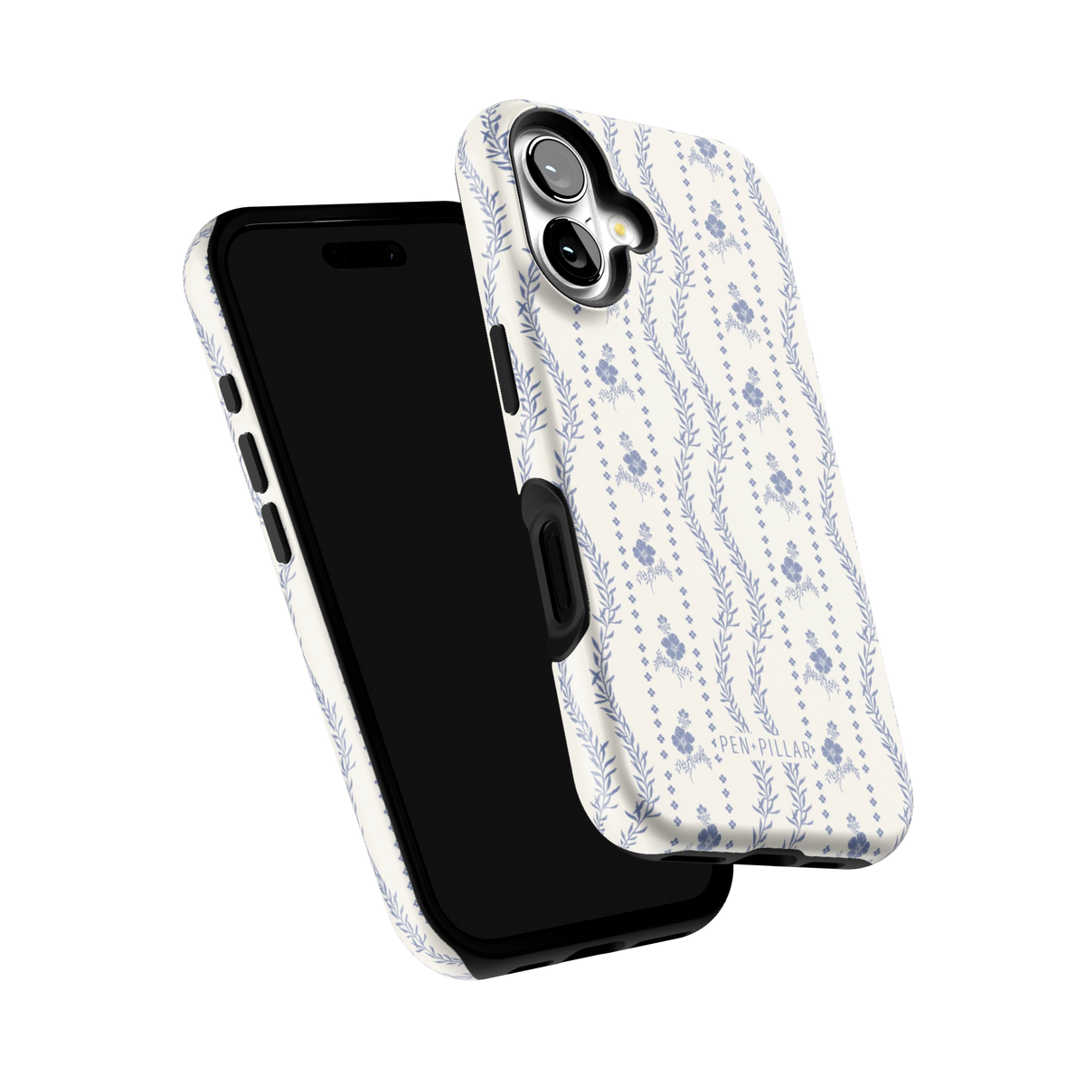 Riviera iPhone 16 case tilted to show the raised edges around the screen and camera