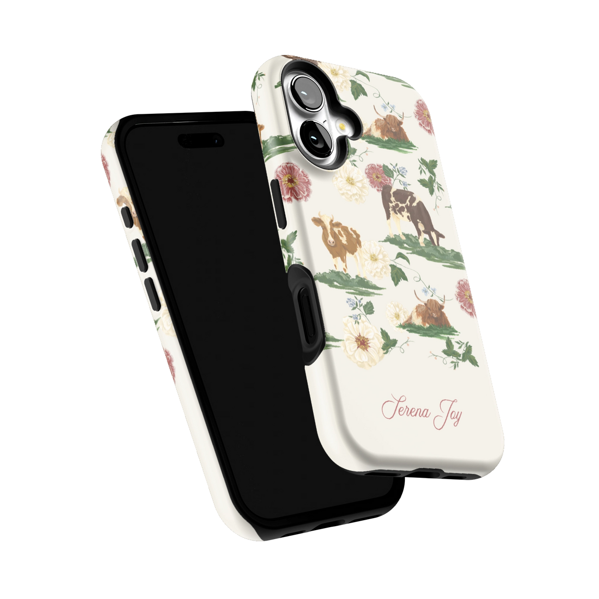 Pasture Personalized iPhone 16 case tilted to show the raised edges around the screen and camera